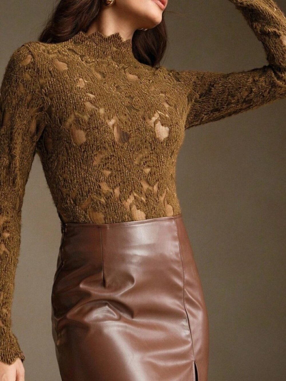 Olive Brown Sheer Flocked Lace Mock Neck Long Sleeve Slim Fit Top